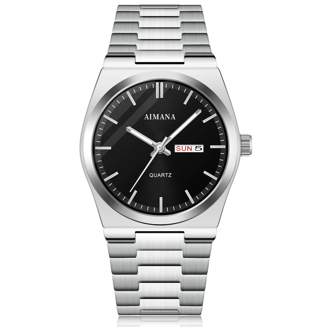 Silver stainless steel wristwatch with black dial, day-date window, and quartz movement