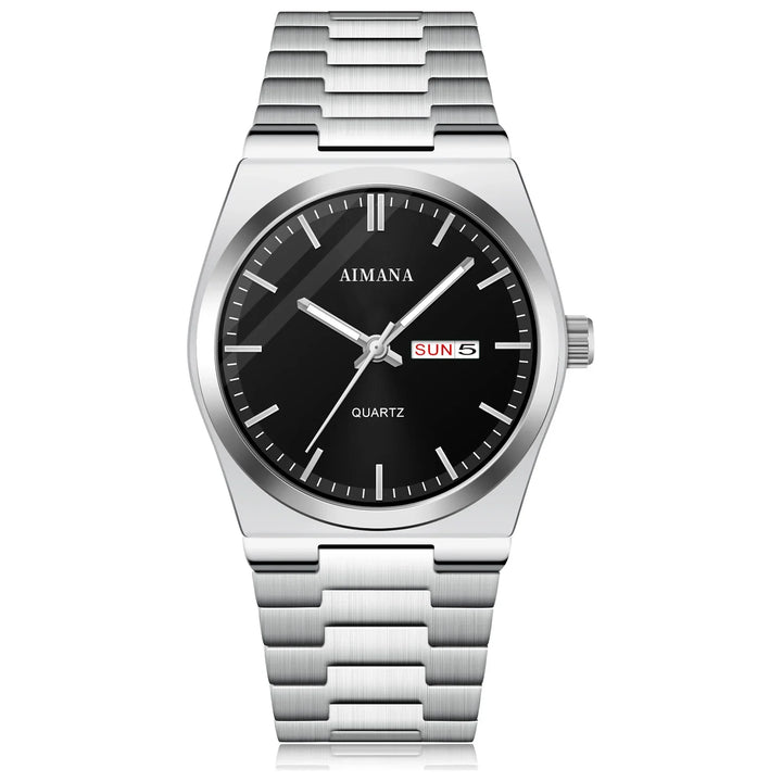 Silver stainless steel wristwatch with black dial, day-date window, and quartz movement