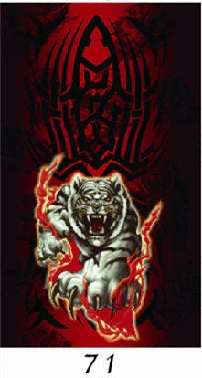 Fierce white tiger with red lightning on dark red abstract background with tribal design and number 71