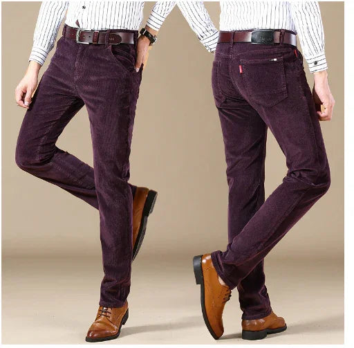Men's slim fit purple corduroy pants with brown leather belt and brown dress shoes