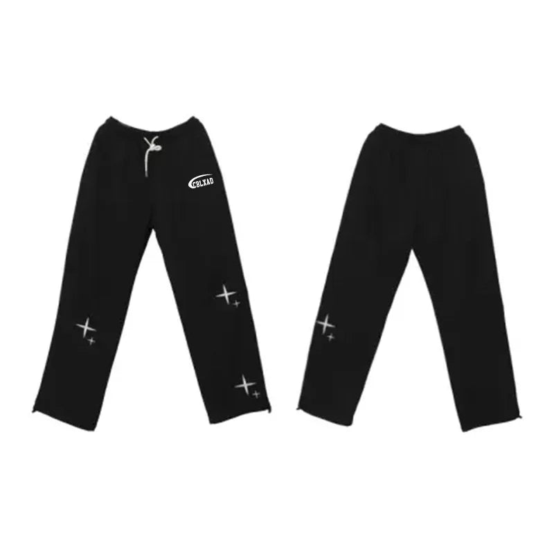 Black casual sweatpants with white drawstring and small CBLXAD logo on front left leg