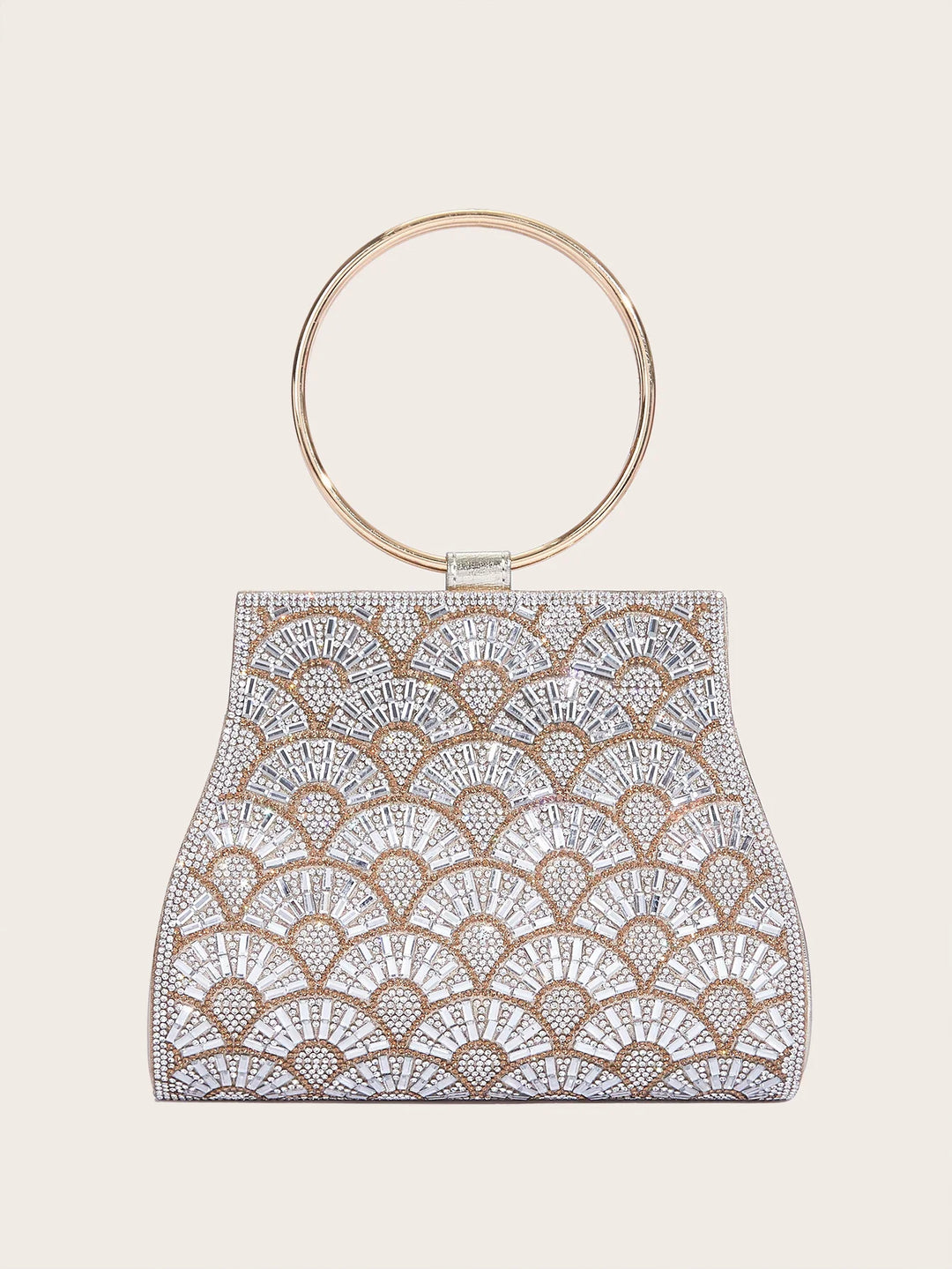 Elegant clutch bag with a gold ring handle and intricate silver rhinestone fan pattern