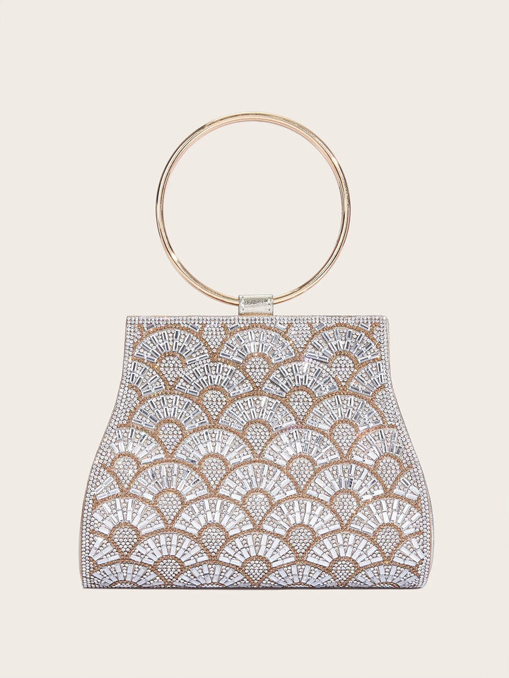 Elegant clutch bag with a gold ring handle and intricate silver rhinestone fan pattern