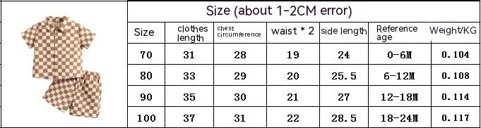 Checkered brown and beige toddler outfit with short sleeve top and shorts, size and weight chart for 0-24 months