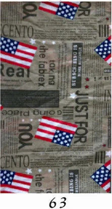 Patterned fabric with American flags and newspaper print in beige, red, white, and blue colors