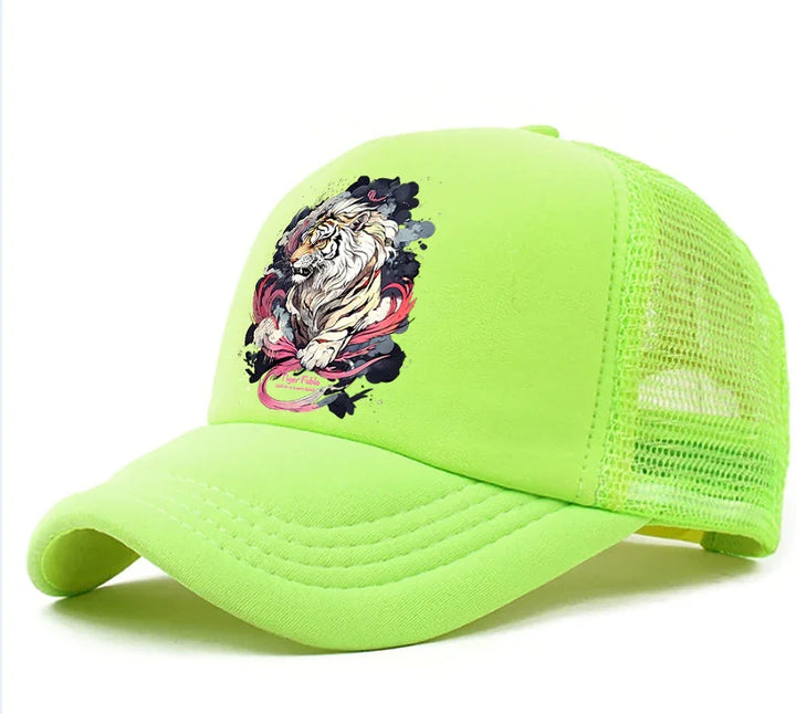 Neon green mesh trucker cap with embroidered white tiger and colorful design on front panel