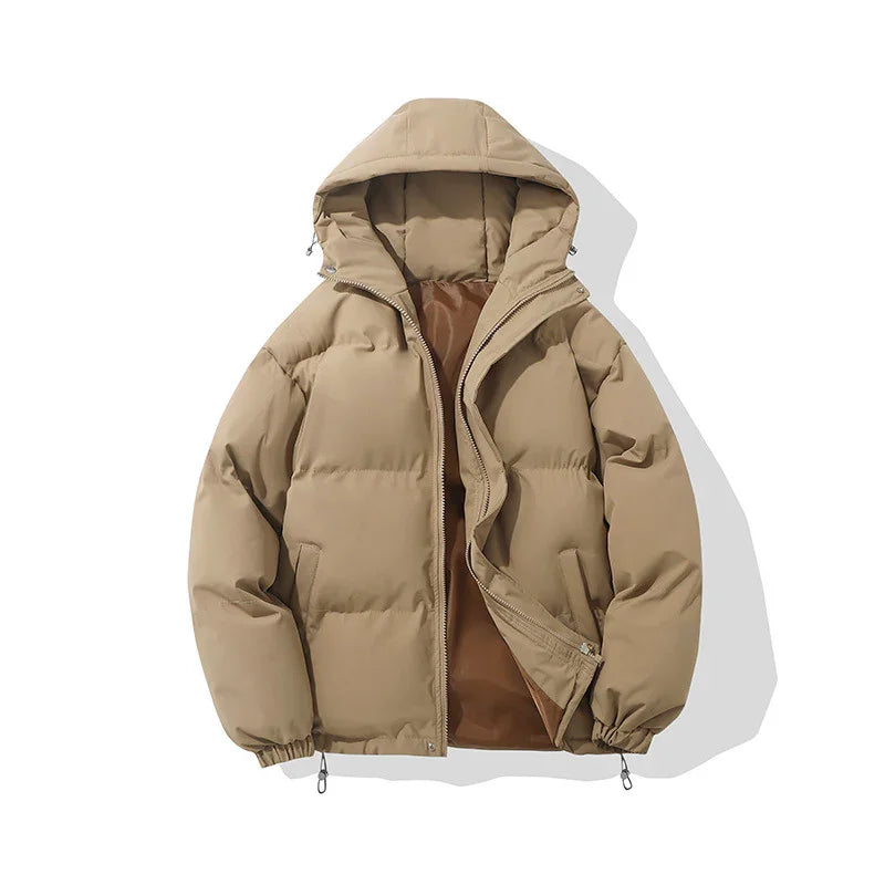Beige padded winter jacket with hood and zipper, insulated casual coat on white background
