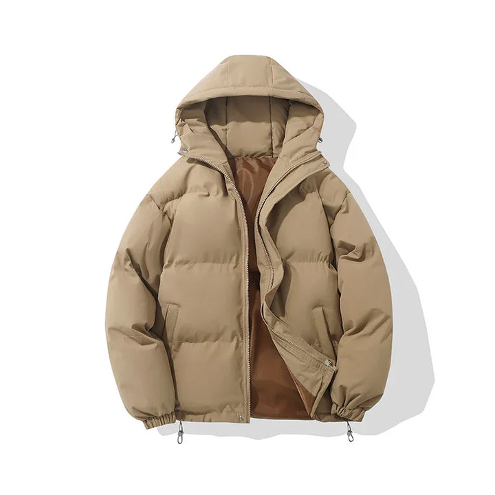 Beige padded winter jacket with hood and zipper, insulated casual coat on white background