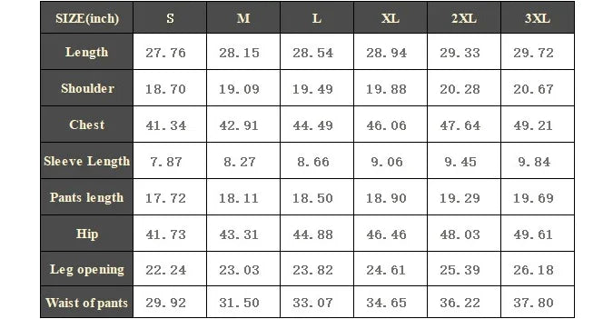 Size chart table showing measurements in inches for clothing sizes S to 3XL including length, shoulder, chest, sleeve, pants, hip, leg opening, waist.