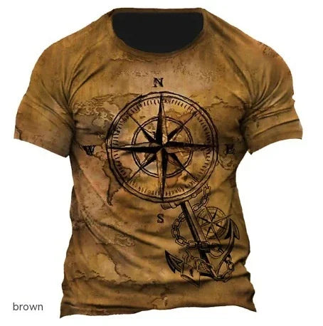 brown t-shirt with nautical compass and anchor design on a vintage map background