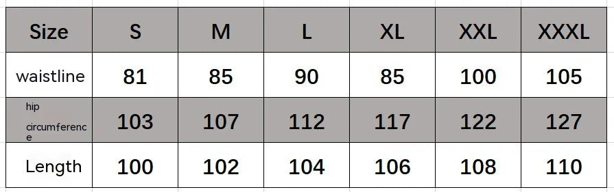 Clothing size chart showing waistline, hip circumference, and length measurements for sizes S to XXXL