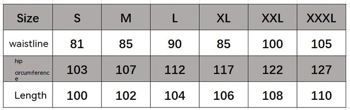 Clothing size chart showing waistline, hip circumference, and length measurements for sizes S to XXXL