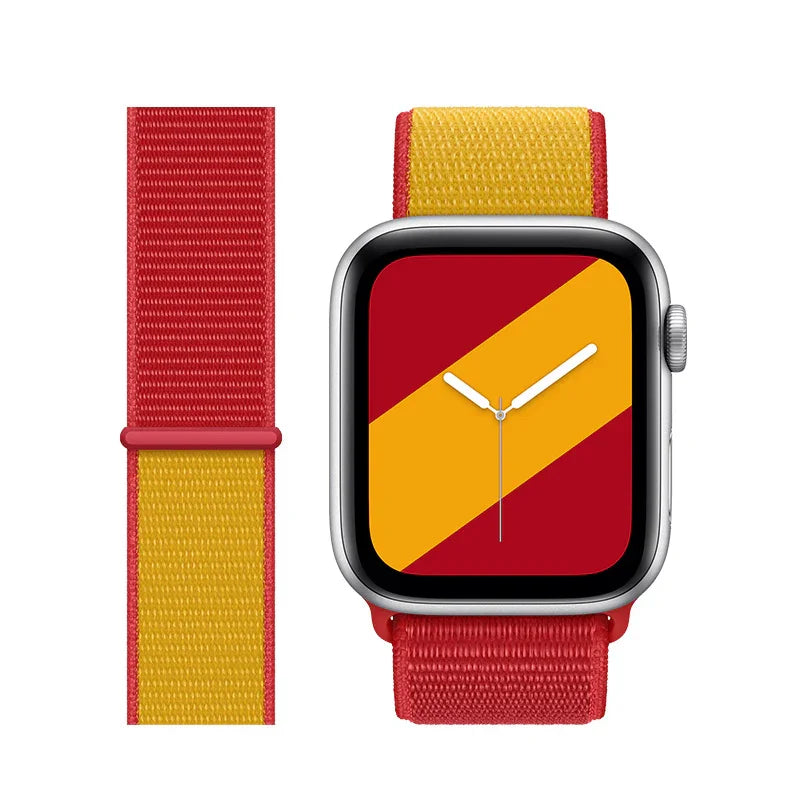 Smartwatch with red and yellow nylon band and matching red and yellow diagonal stripe watch face