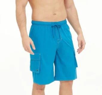 Man wearing blue cargo swim shorts with drawstring on white background
