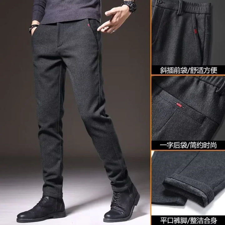 Men's dark gray slim-fit casual trousers with side and back pockets, paired with black boots