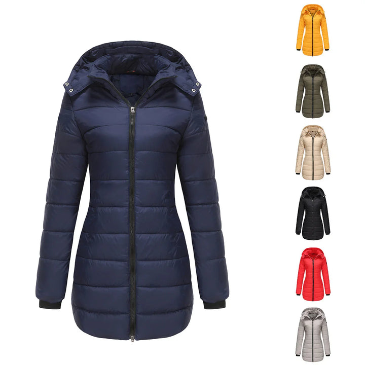 Women's padded winter jacket with hood in navy blue, shown with five additional color options