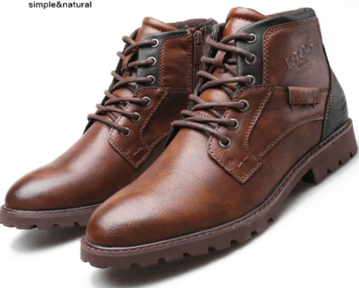 Brown leather men's ankle boots with lace-up front and side zipper detailing