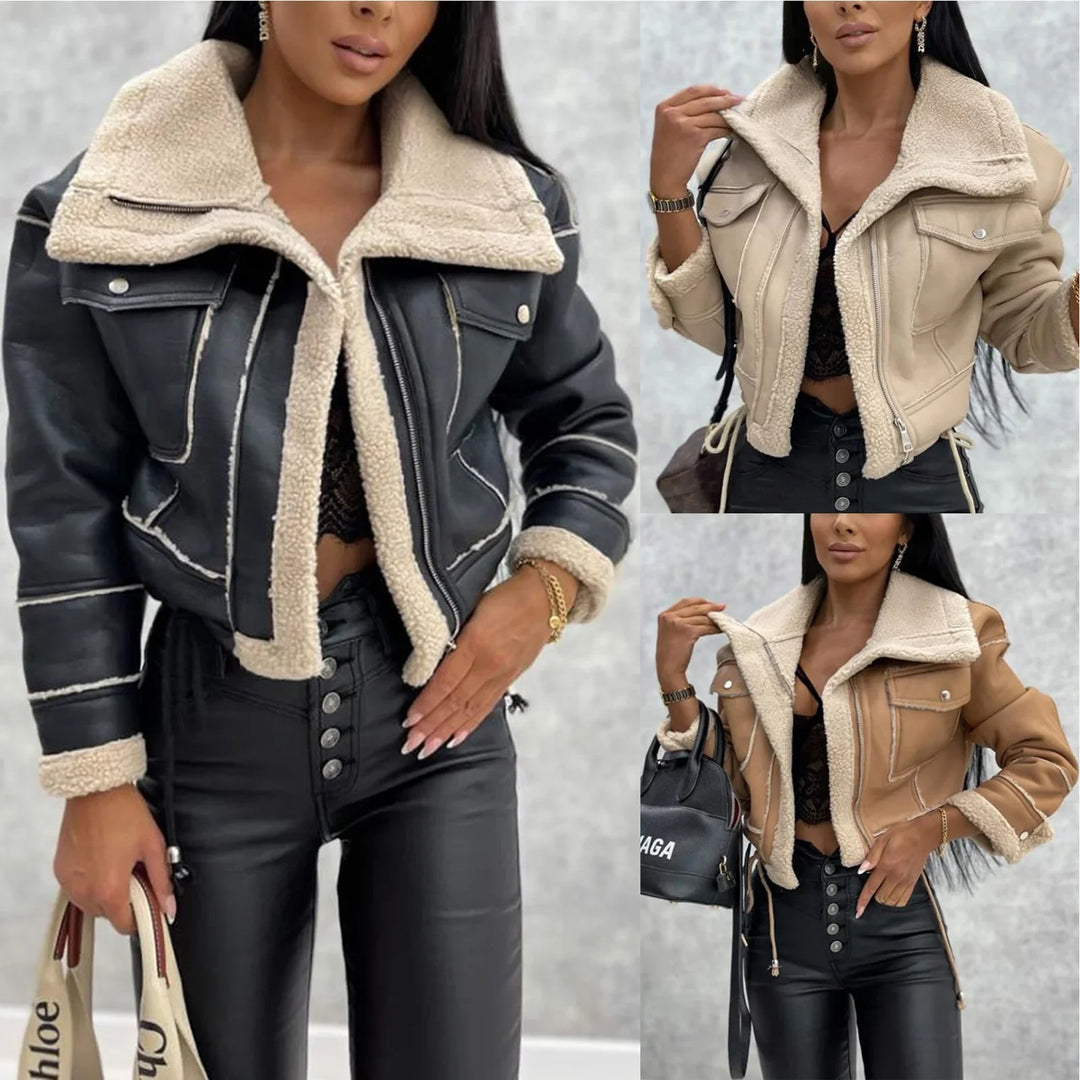 Woman modeling cropped shearling jackets in black, beige, and camel with black high-waisted pants