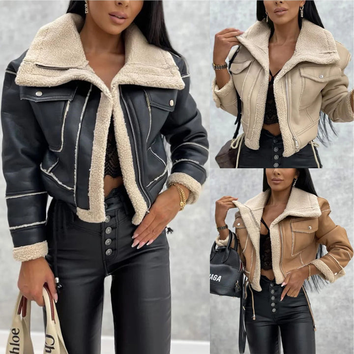 Woman modeling cropped shearling jackets in black, beige, and camel with black high-waisted pants