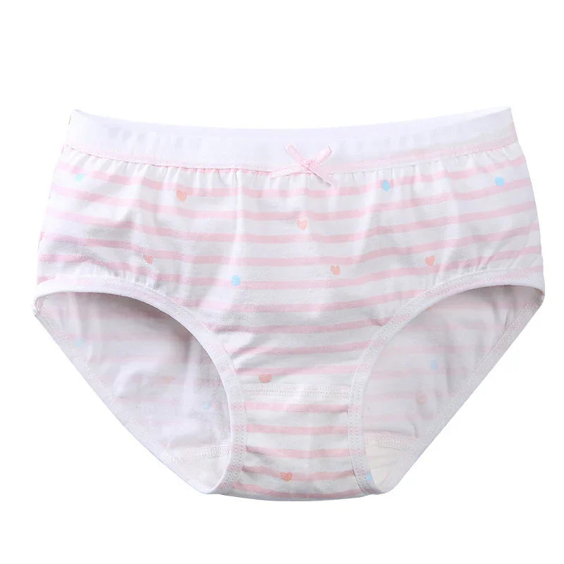 White and pink striped women's cotton underwear with small heart and dot patterns and a pink bow