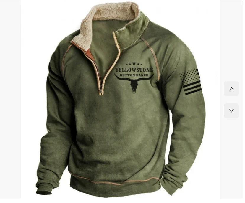 Olive green Yellowstone Dutton Ranch fleece pullover with sherpa collar and vintage American flag on sleeve