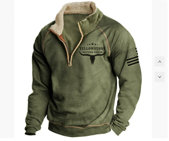 Olive green Yellowstone Dutton Ranch fleece pullover with sherpa collar and vintage American flag on sleeve