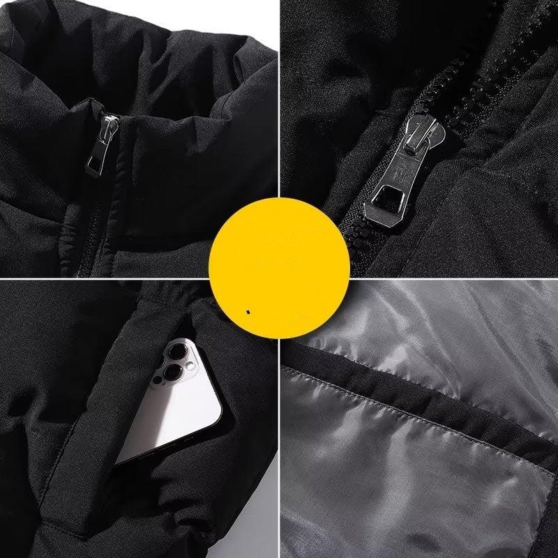 Black padded jacket with zippered collar, front zipper, inner lining, and phone in side pocket