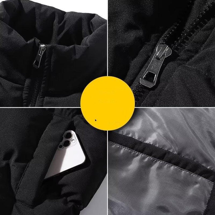 Black padded jacket with zippered collar, front zipper, inner lining, and phone in side pocket