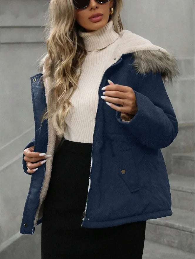 Woman wearing navy blue winter jacket with fur hood and cream turtleneck sweater