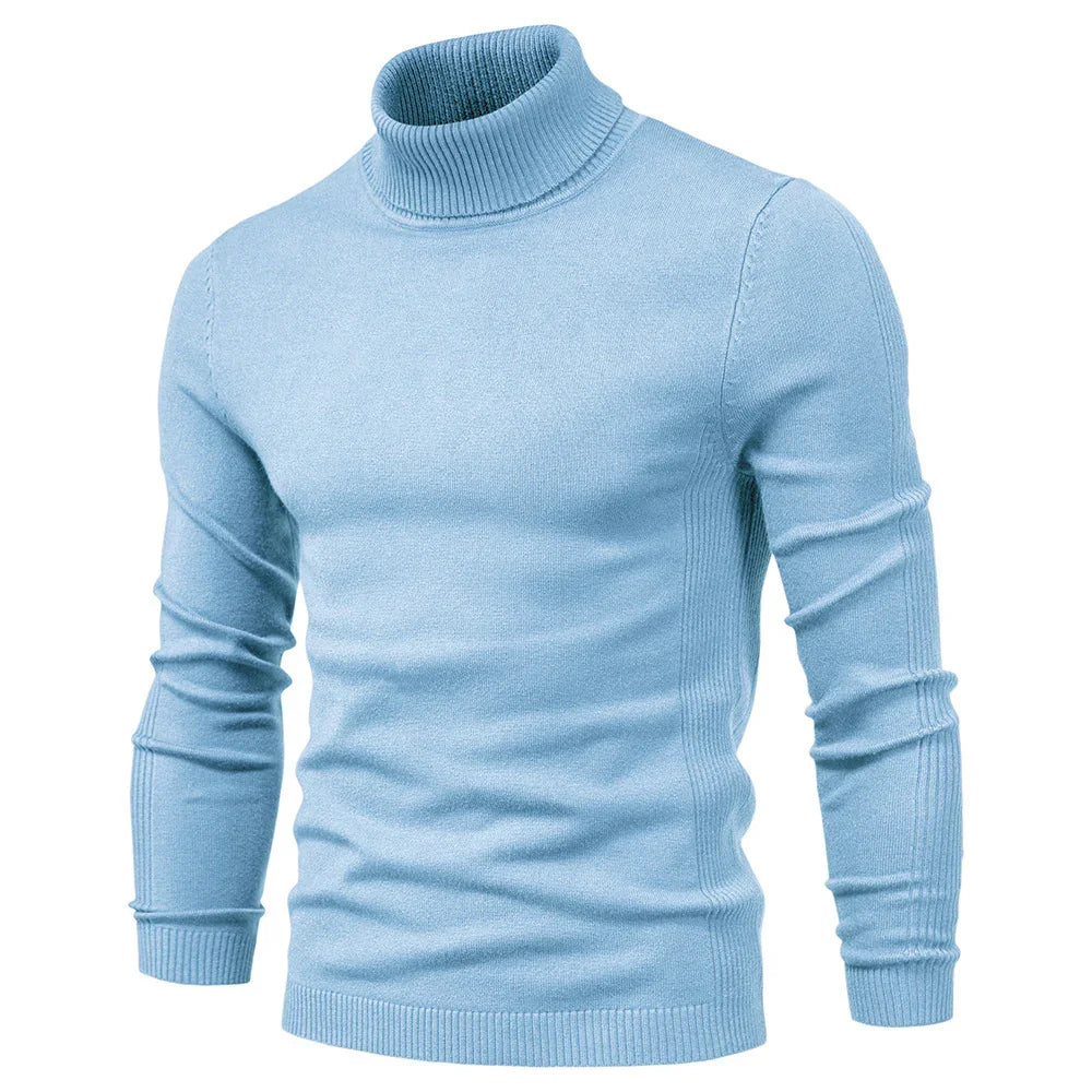 Light blue men's slim-fit turtleneck sweater with ribbed cuffs and collar