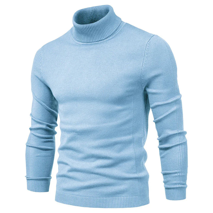 Light blue men's slim-fit turtleneck sweater with ribbed cuffs and collar