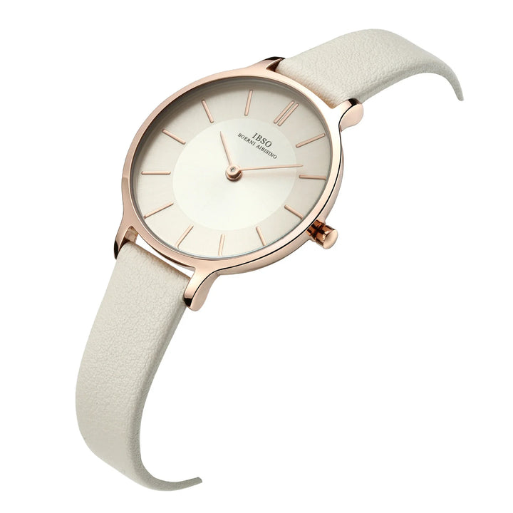 Elegant IBSO rose gold wristwatch with white leather strap and minimalist dial