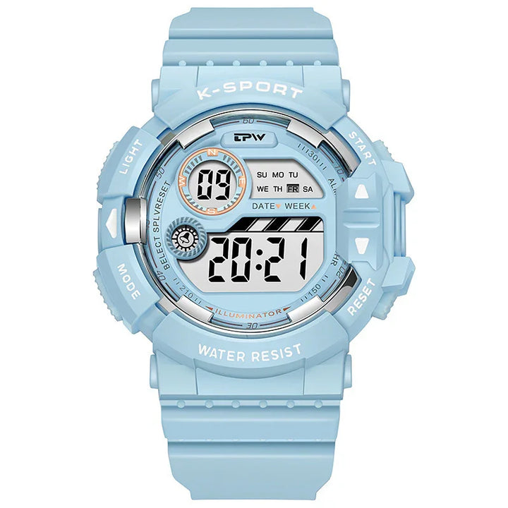 Light blue digital sports watch with date, time, week display, and water-resistant feature