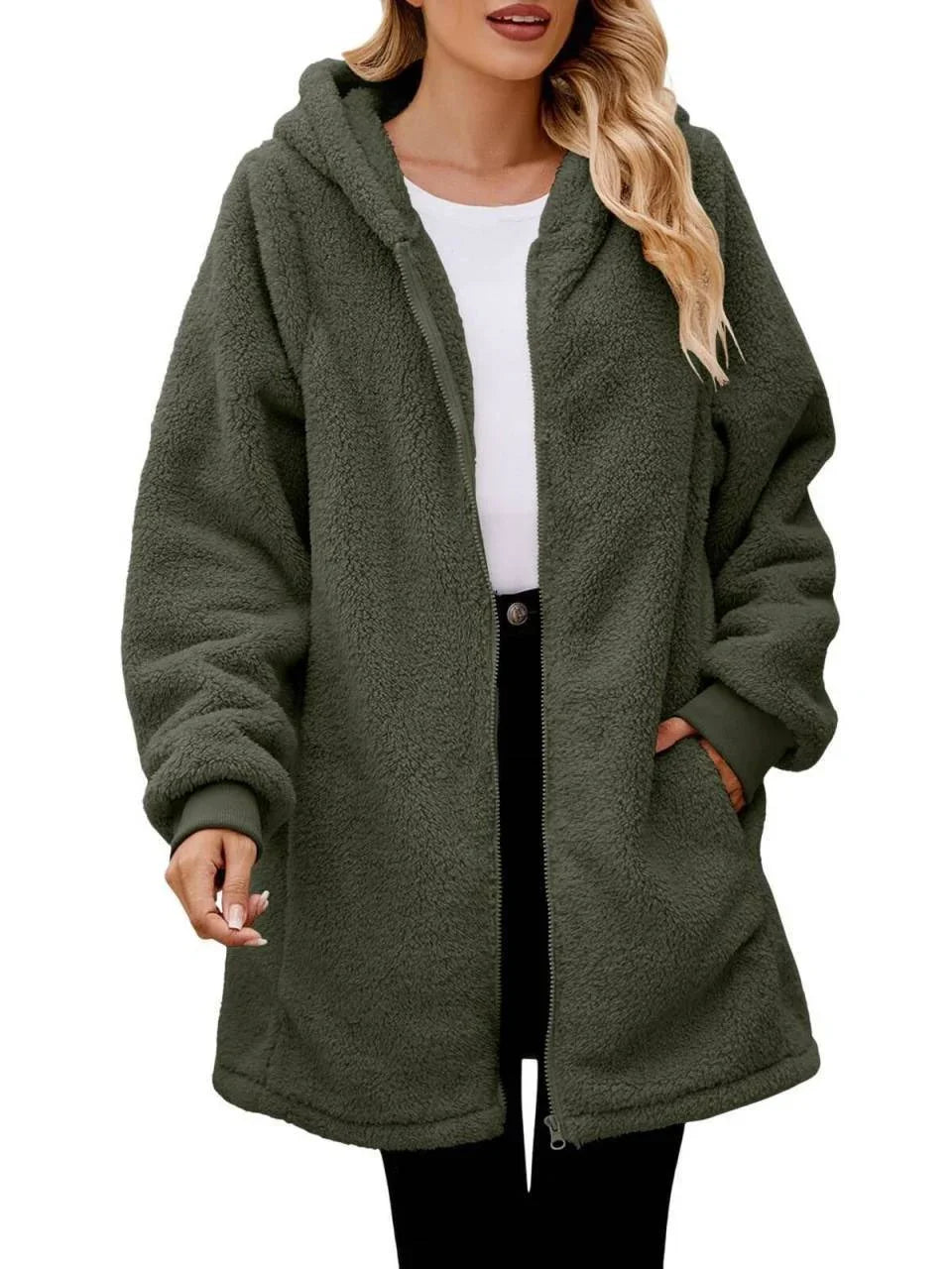 Woman wearing oversized olive green sherpa fleece zip-up jacket with hood and side pockets