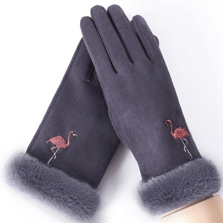 Gray winter gloves with soft fur cuffs and embroidered pink flamingo design