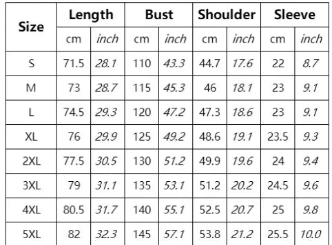 Size chart table showing measurements for S to 5XL sizes in length, bust, shoulder, and sleeve in cm and inches