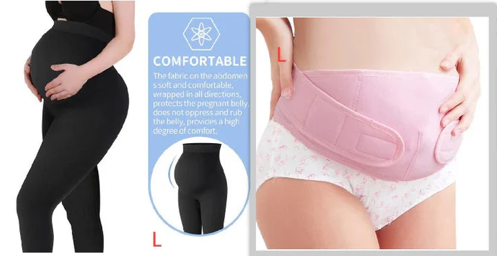 Pregnant woman in black maternity leggings and close-up of pink supportive pregnancy belly band with comfort text