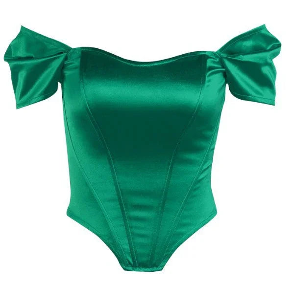 Green satin off-shoulder corset top with puffed sleeves and structured seams