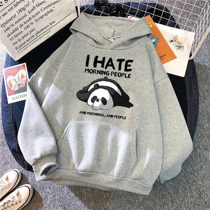 Gray hoodie with a sleeping panda and text I Hate Morning People and Mornings And People