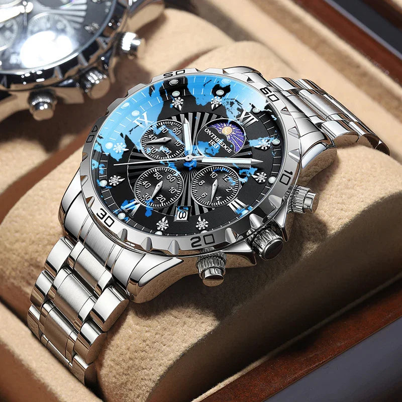 Luxury silver stainless steel chronograph wristwatch with black dial and blue reflections