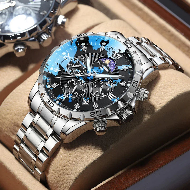 Luxury silver stainless steel chronograph wristwatch with black dial and blue reflections