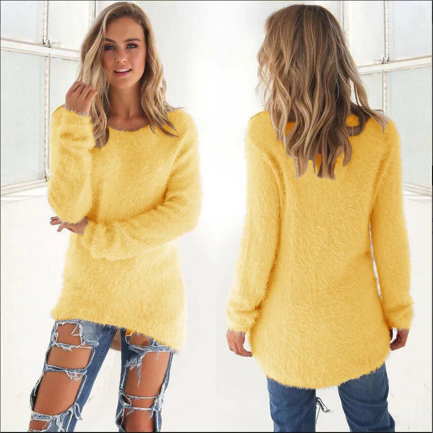 Front and back view of woman wearing fuzzy yellow sweater and ripped blue jeans in bright setting