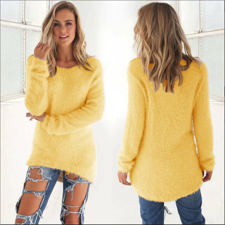 Front and back view of woman wearing fuzzy yellow sweater and ripped blue jeans in bright setting
