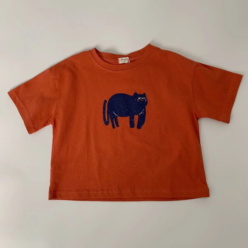 Orange short-sleeve T-shirt with a navy blue cat graphic printed on front