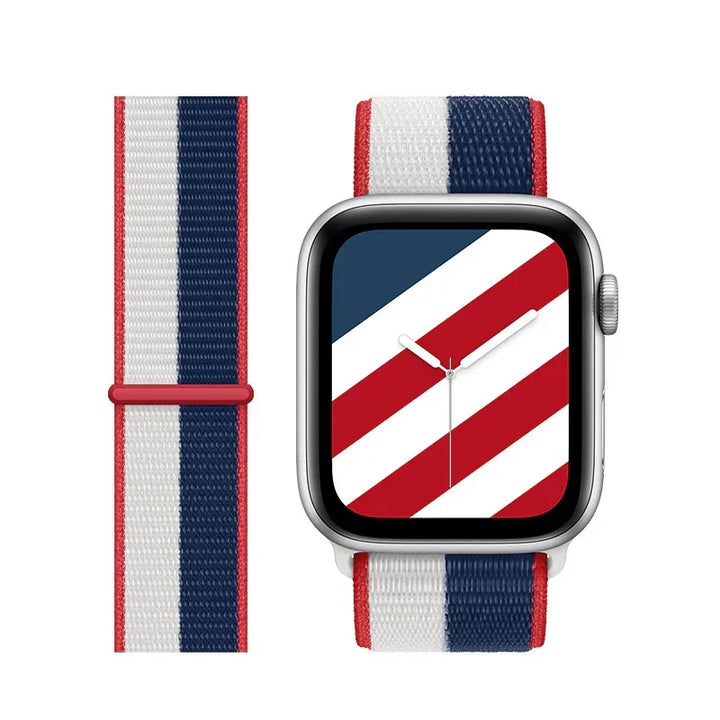 Smartwatch with red, white, and blue striped nylon band and matching watch face