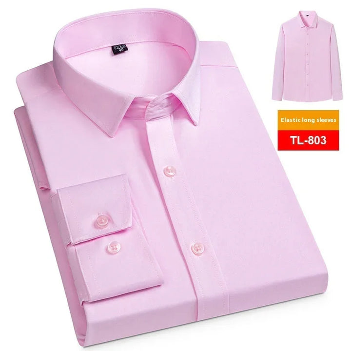 Folded light pink dress shirt with formal collar and buttoned cuffs, highlighted as elastic long sleeves TL-803