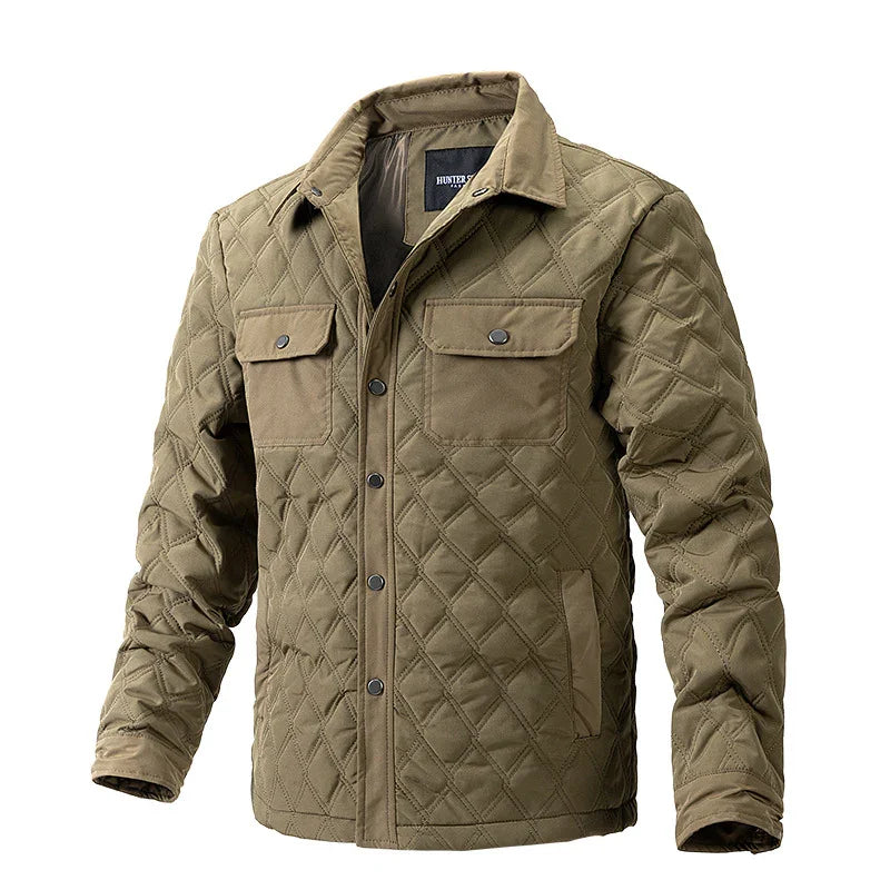 quilted olive green men's hunting jacket with buttoned chest pockets and stand collar