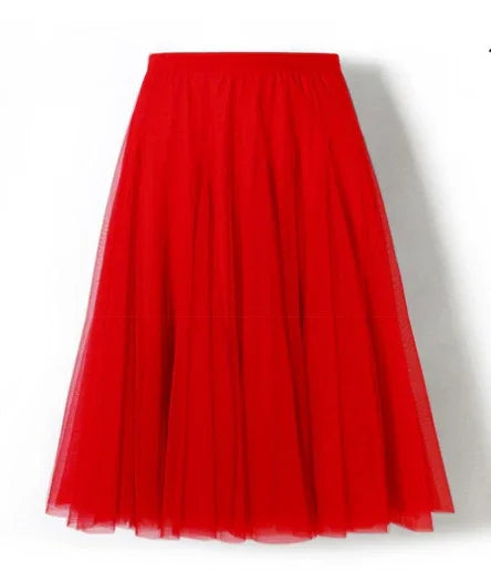 Elegant red tulle midi skirt with layered design on white background