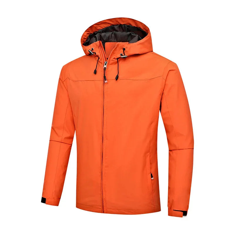 Orange waterproof hooded jacket with front zipper and adjustable drawstrings on white background
