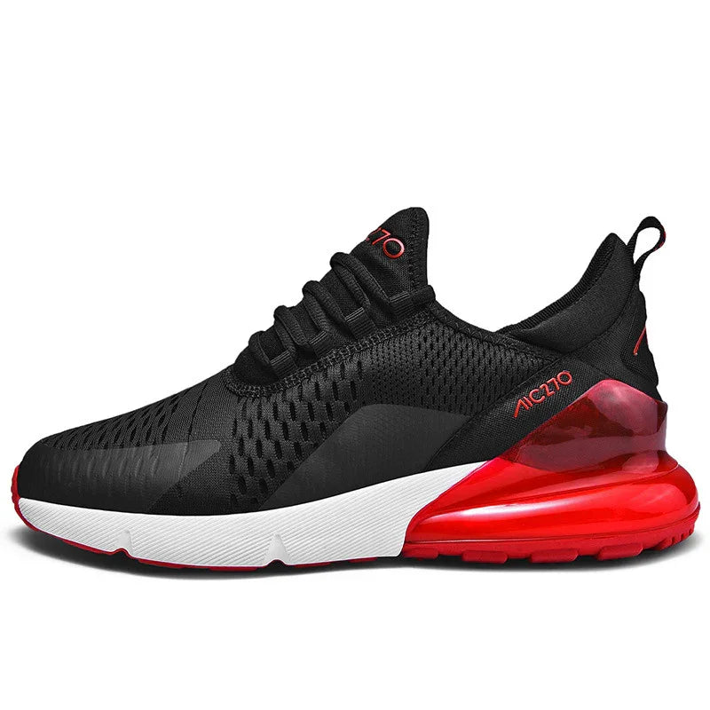 Black and red athletic sneaker with white sole, breathable mesh upper, and air-cushioned heel